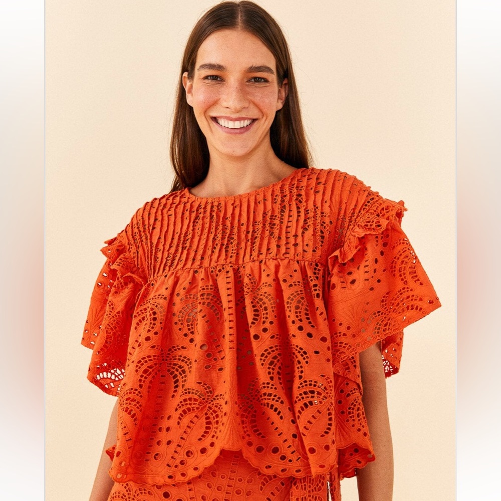 FARM RIO Orange Palm Richelieu Eyelet Blouse (NWT)
